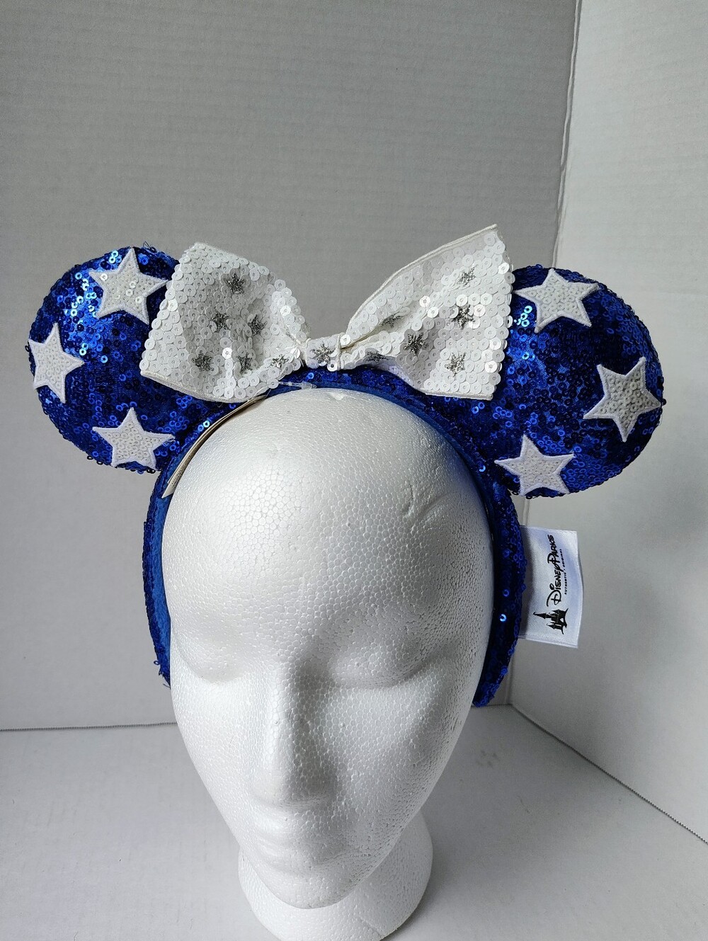 NWT Disney Parks Blue And White Star Minnie Mouse Sequin Ear Headband Adult Size